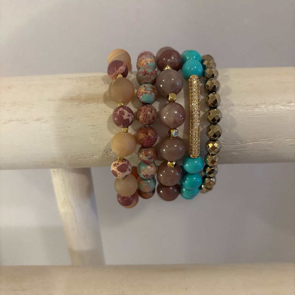 Handmade Gemstone Bracelet Stack Set of 5 NWT Turquoise Jasper Strawberry Quartz